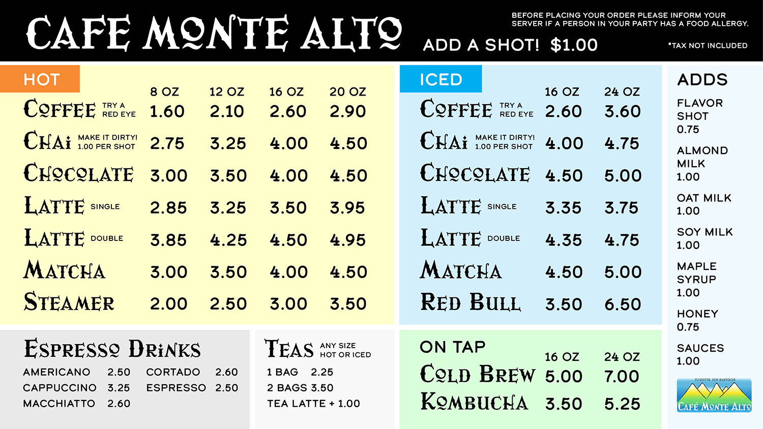 Cafe Monte Alto Menu Plymouth NH coffee shops